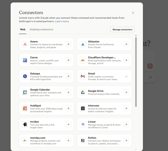claude connectors, integration list for claude